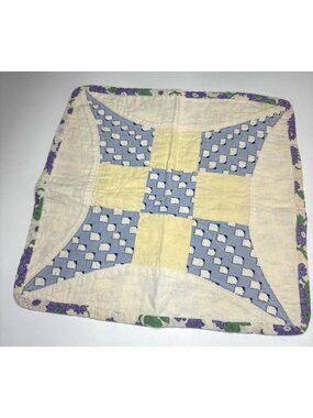 Patchwork Quilted Doily Blue Yellow Floral Handmade 13" Retro Charm Vtg